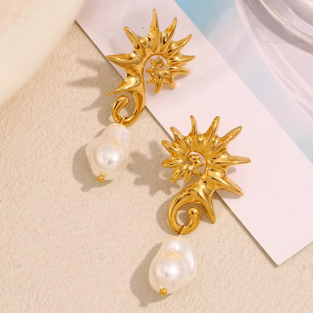 Sasha 18K Gold Plated Stainless Steel Seahorse & Freshwater Pearl Statement Earrings