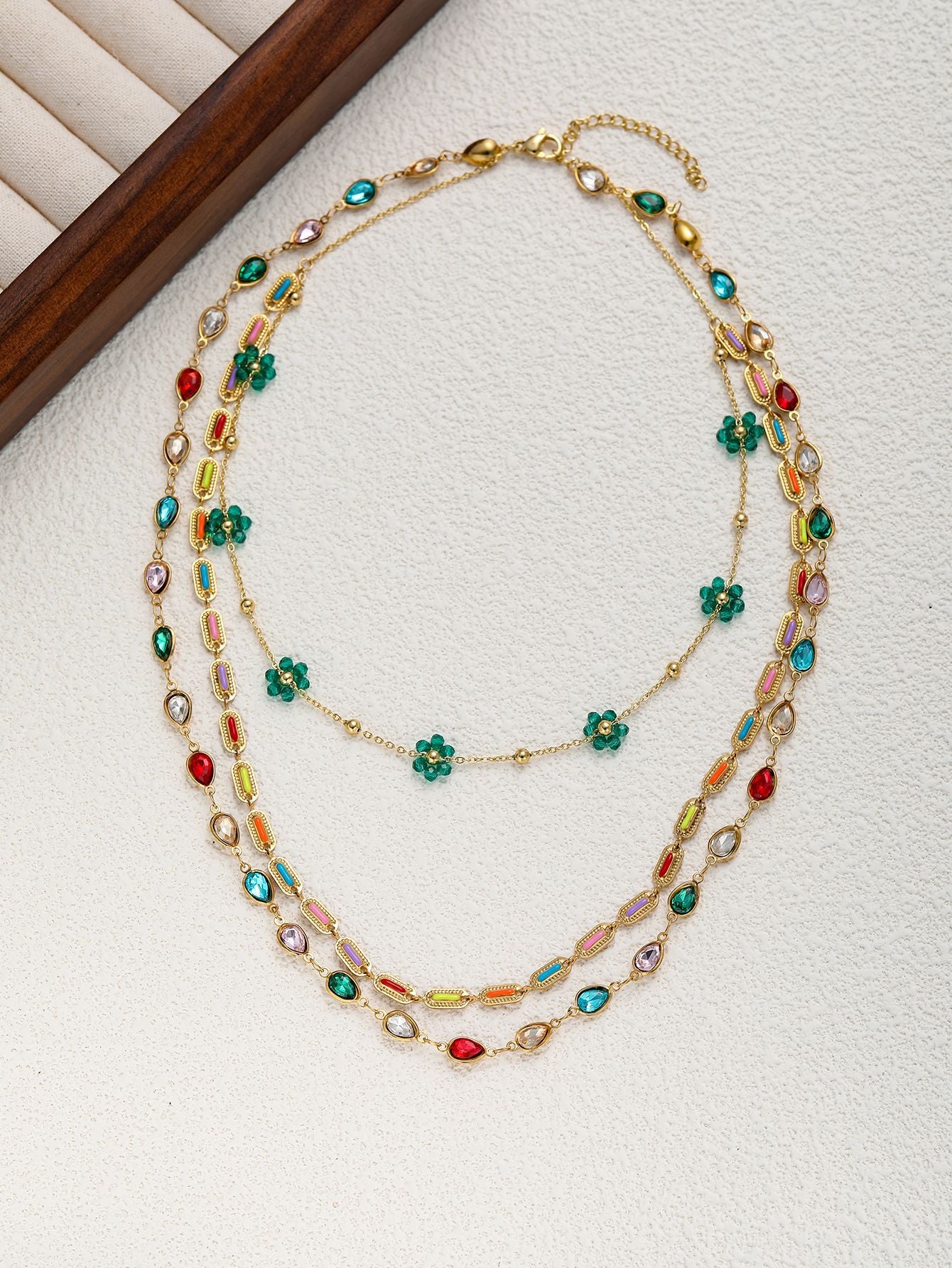 Anastasia 18K Gold Plated Three Row Floral Gem Necklace