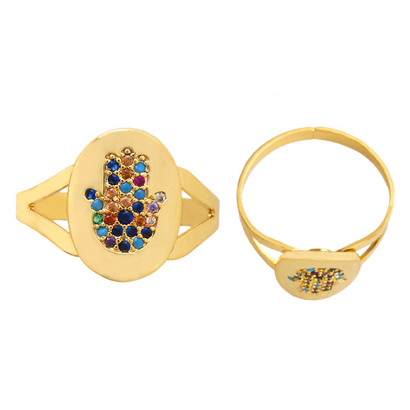 Dalia 18K Gold Plated Multi Colored Cubic Zirconia Hamsa Hand Adjustable Ring
