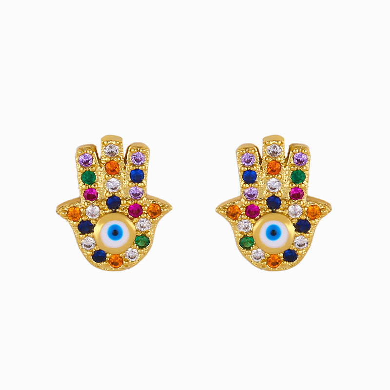 Farah 18K Gold Plated Multi Colored Cubic Zirconia Hamsa Hand & Evil Eye Stud Earrings