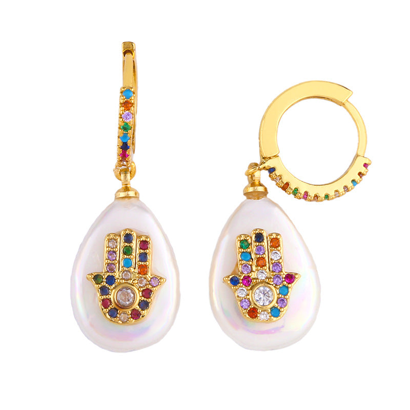 Leila Genuine Shell & Multi Colored Cubic Zirconia Hamsa Hand 18K Gold Plated Huggie Hoop Earrings