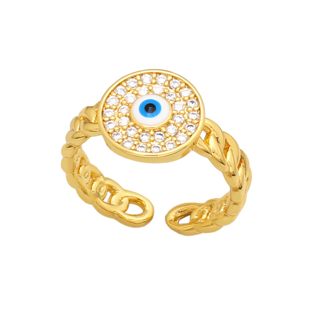 Luna 18K Gold Plated Cubic Zirconia & Enamel Evil Eye Adjustable Chain Ring