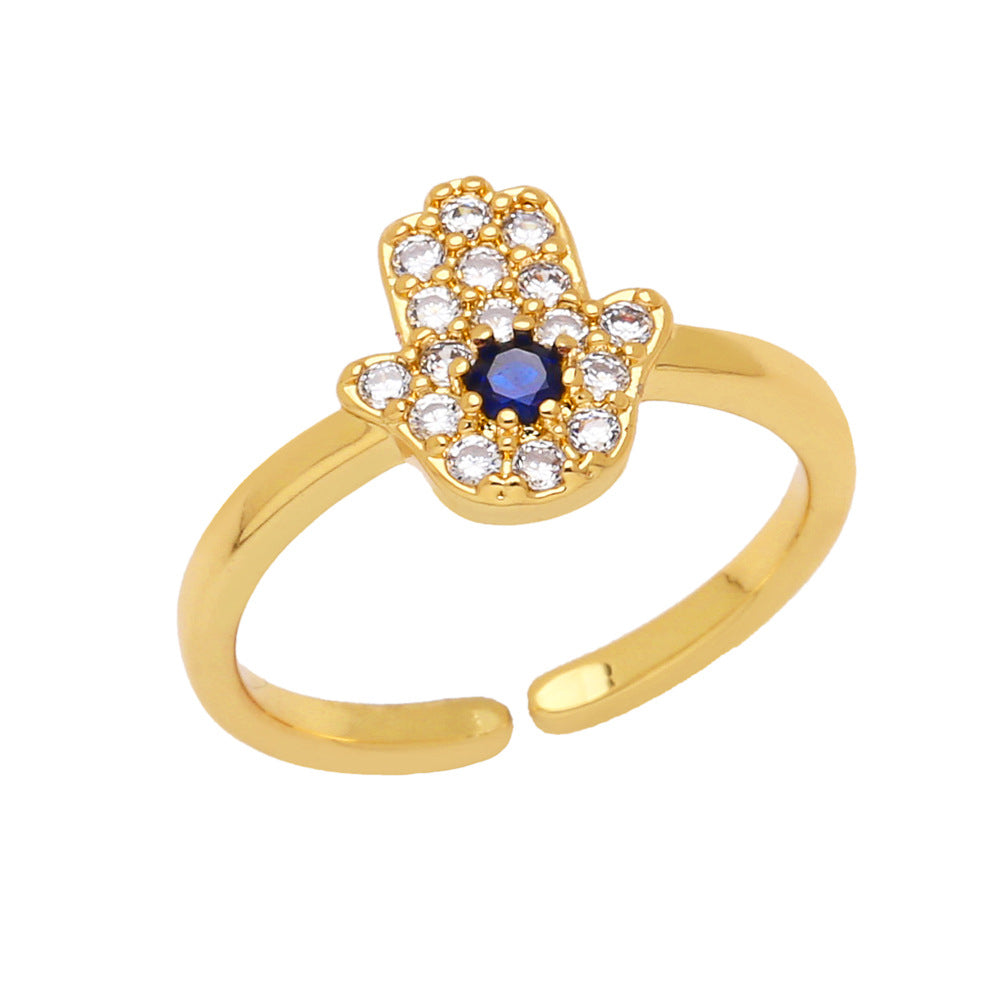 Marwa 18K Gold Plated Cubic Zirconia Hamsa Hand Adjustable Ring