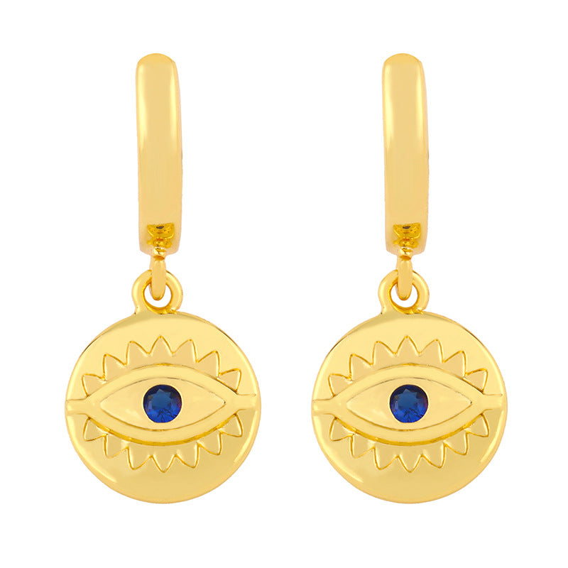 Nadia 18K Gold Plated Cubic Zirconia Evil Eye Disc Huggie Hoop Earrings