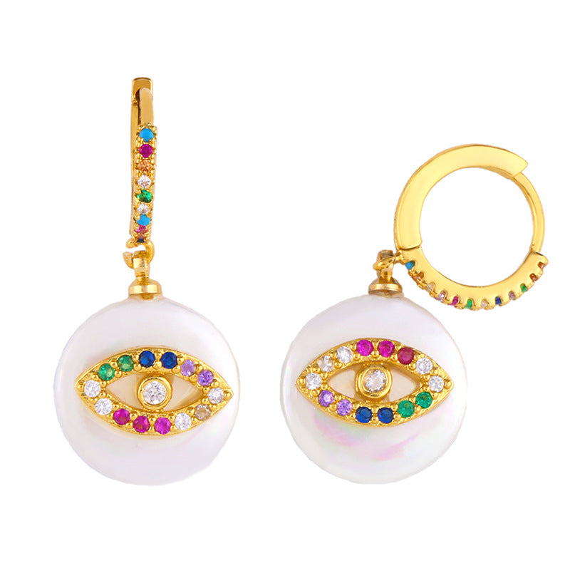 Yasmine Genuine Shell & Multi Colored Cubic Zirconia Evil Eye 18K Gold Plated Huggie Hoop Earrings