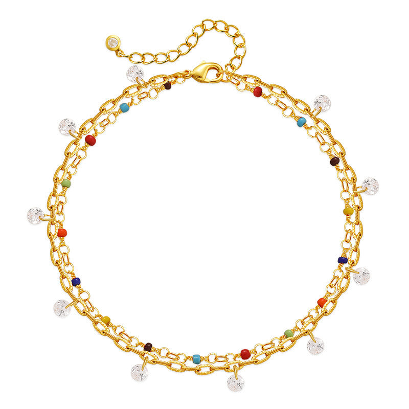 Gisele 18K Gold Plated Two Row Multi Colored Cubic Zirconia Charm Anklet