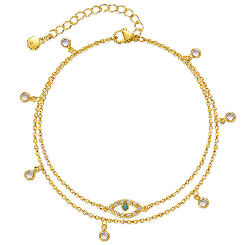 Kylie 18K Gold Plated Two Row Evil Eye Cubic Zirconia Charm Anklet