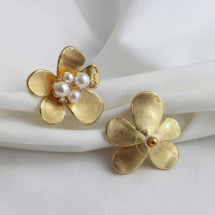Nancy 14K Gold Plated Flower Pearl Statement Earring