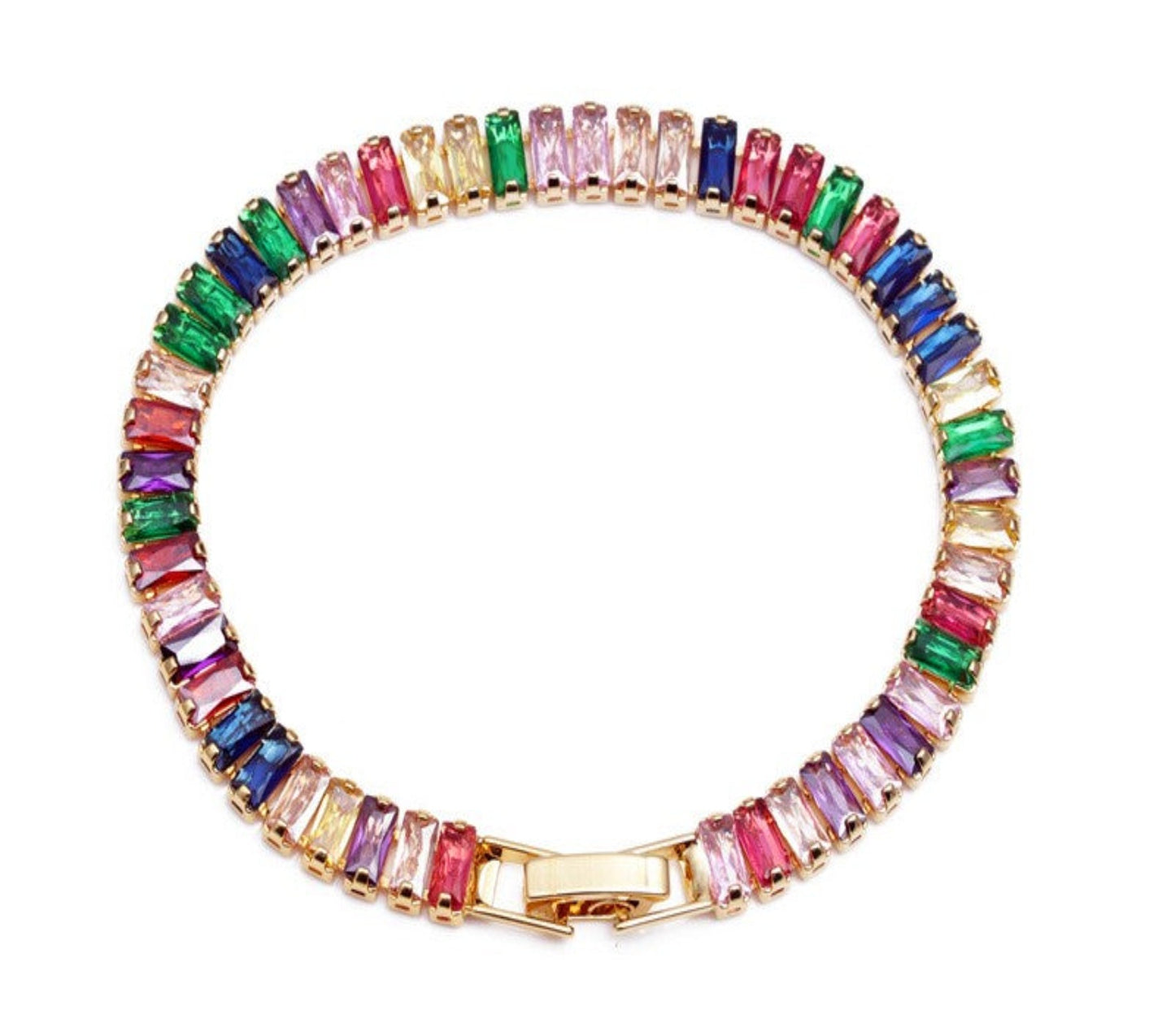 Ruby 14K Gold Plated Multi Colored Cubic Zirconia Baguette Tennis Bracelet