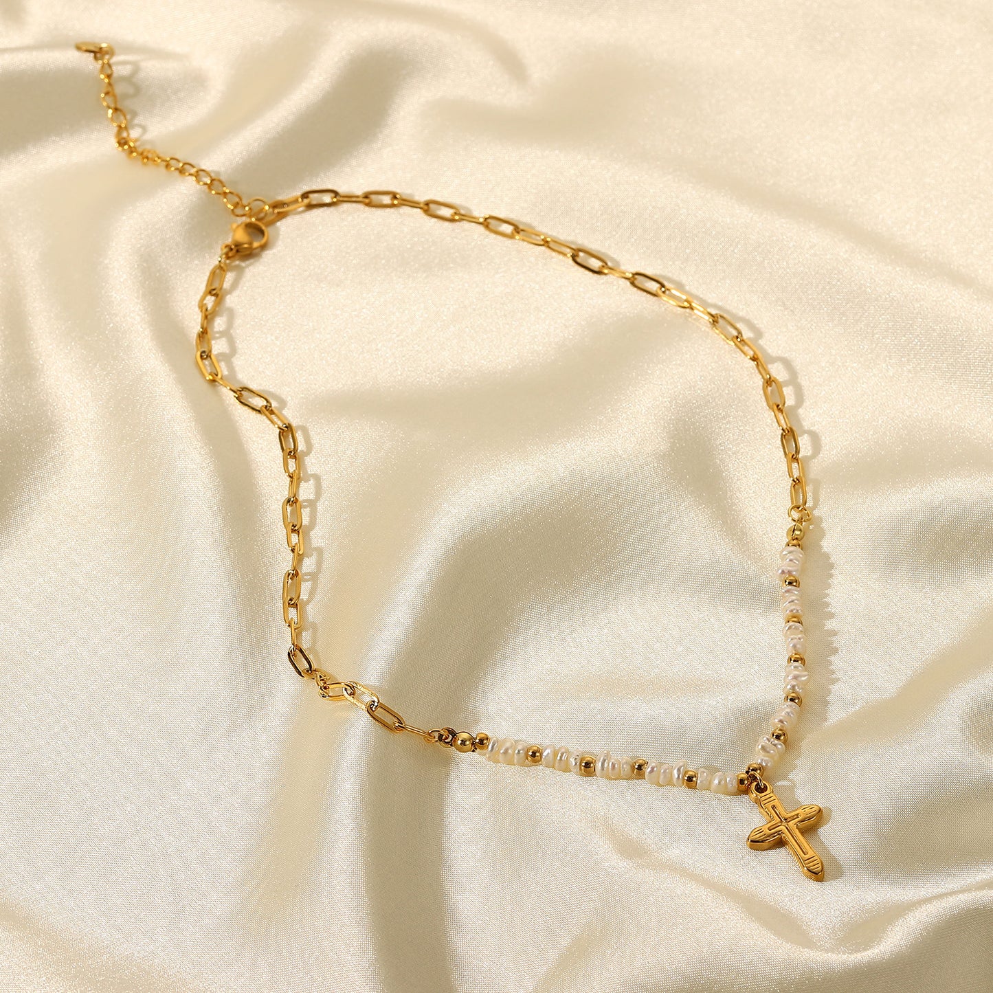 Vanessa 18K Gold Plated Freshwater Pearl Cross Necklace