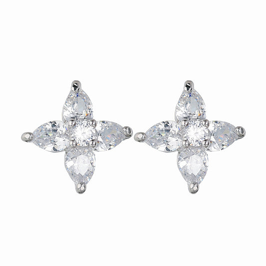 Flora Rhodium Plated Cubic Zirconia Flower Stud Earrings