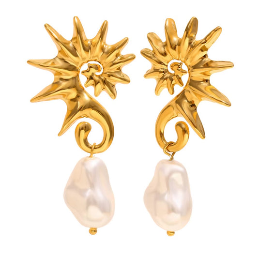 Sasha 18K Gold Plated Stainless Steel Seahorse & Freshwater Pearl Statement Earrings