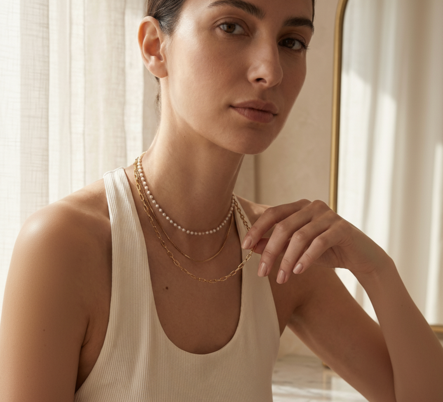 Hailey 18K Gold Plated Three Row Layered Pearl Necklace