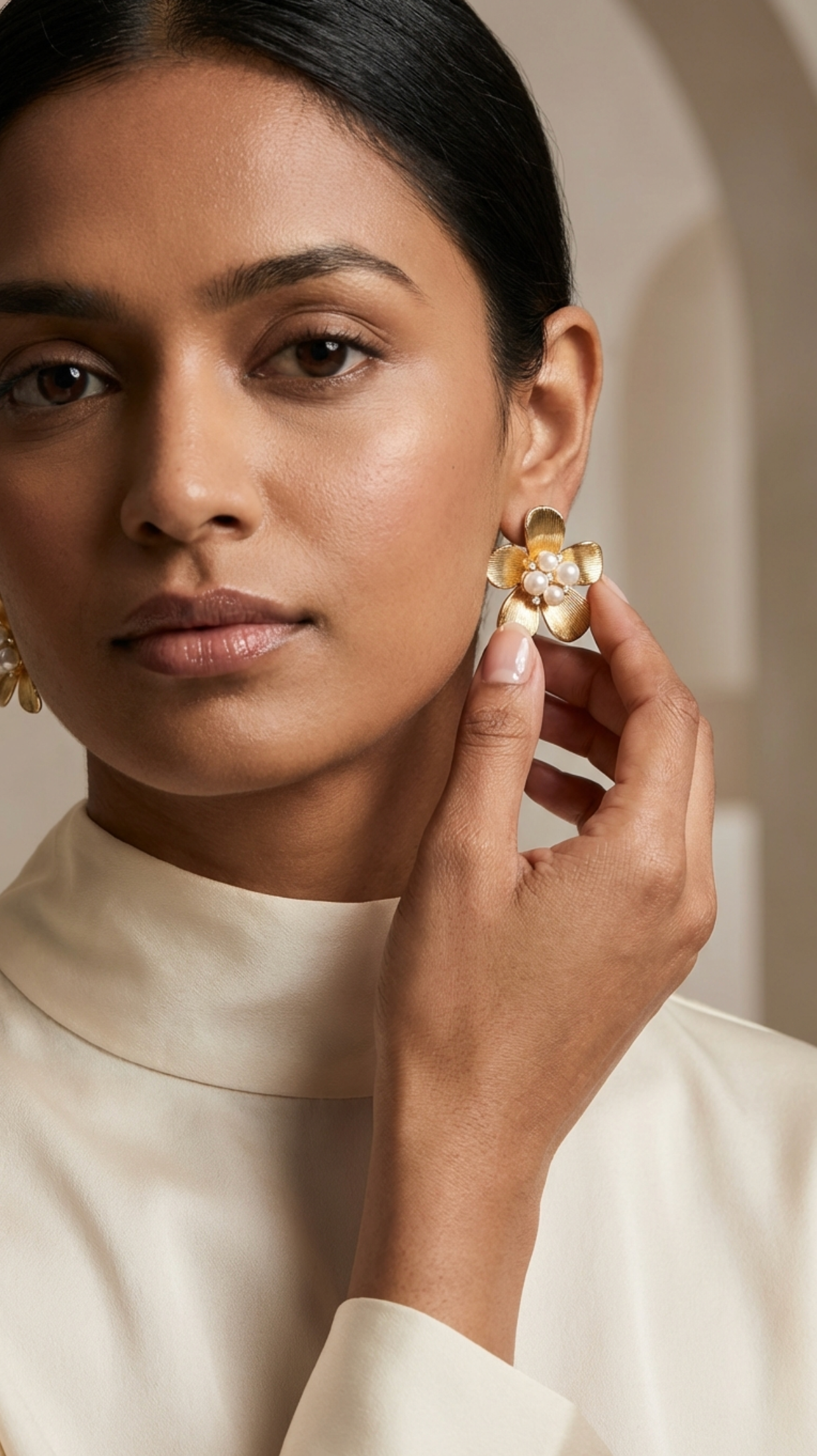 Nancy 14K Gold Plated Flower Pearl Statement Earring