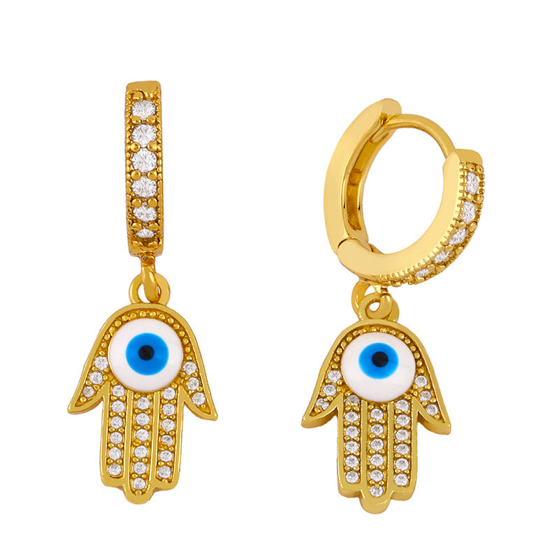 Salma 18K Gold Plated Cubic Zirconia Hamsa Hand & Enamel Evil Eye Huggie Hoop Earrings