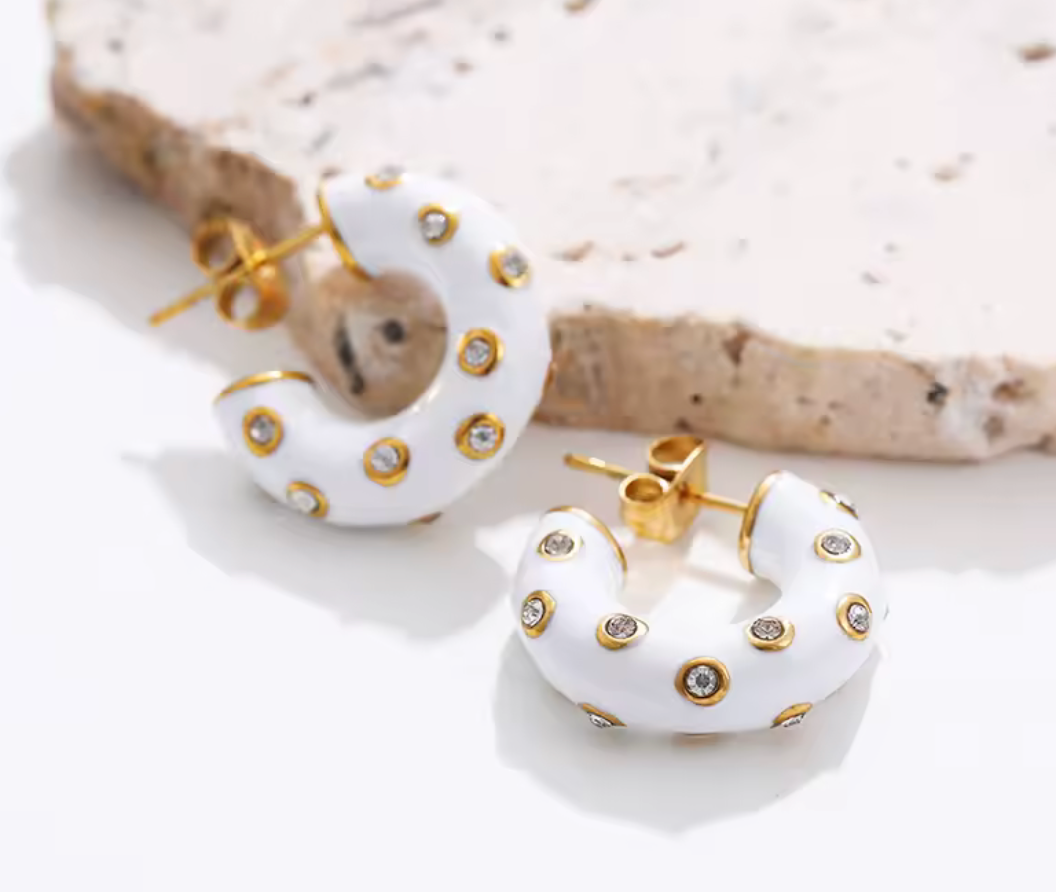 Ava 18K Gold Plated Cubic Zirconia Embellished Enamel Hoop Earrings