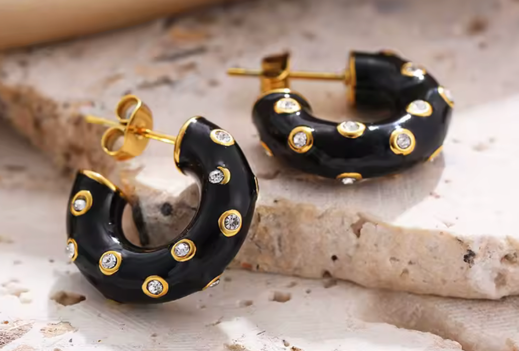 Ava 18K Gold Plated Cubic Zirconia Embellished Enamel Hoop Earrings
